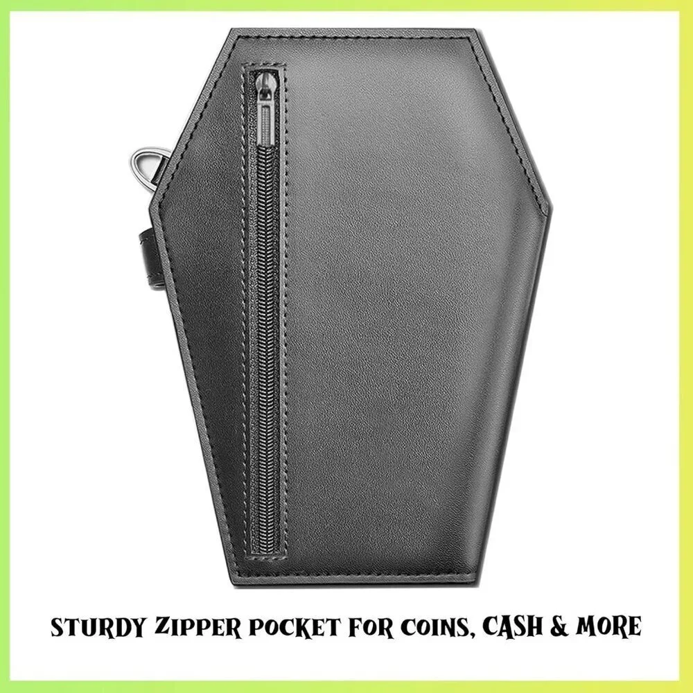 Gothic Faux Leather Coffin Wallet with Skull Design Zipper Snap Closure Women